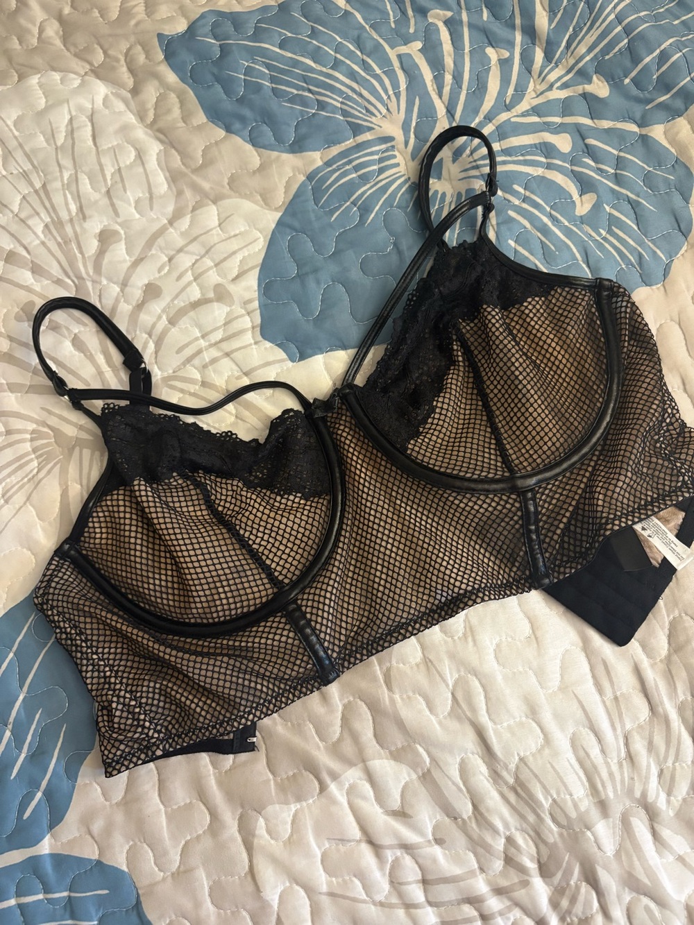 Adore Me Black Fishnet Longline Bra with Lace Trim